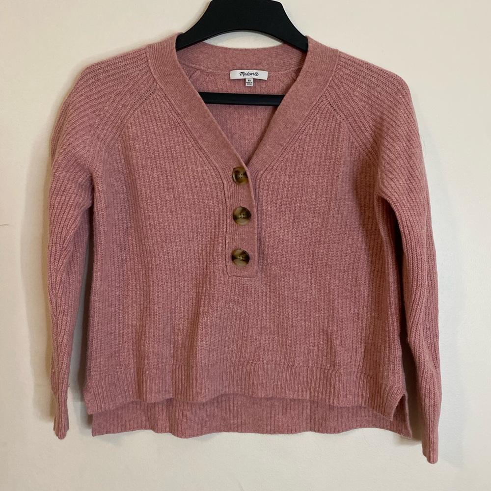 Madewell Henley Dusty Rose Ribbed V-Neck wool blend Button Pullover sweater